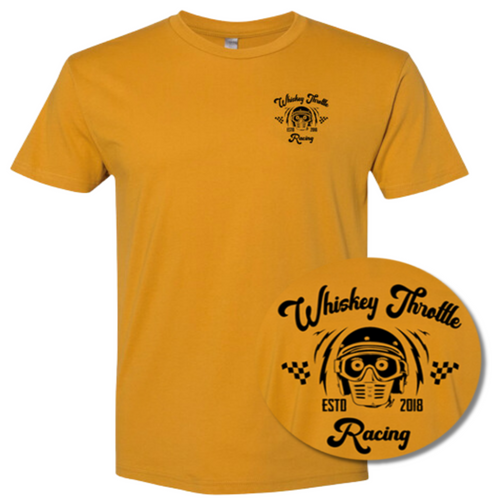 Yellow t-shirt featuring a small logo on the chest and a larger, circular graphic with the text 