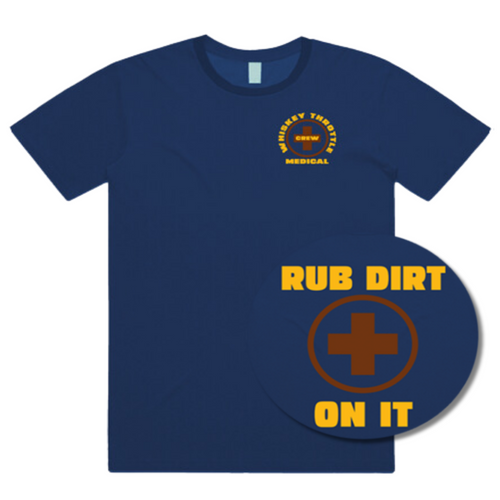 blue t-shirt featuring a small logo on the chest and a larger, circular graphic with the text 