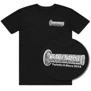 Black t-shirt featuring a small logo on the chest and a larger, circular graphic with the text 